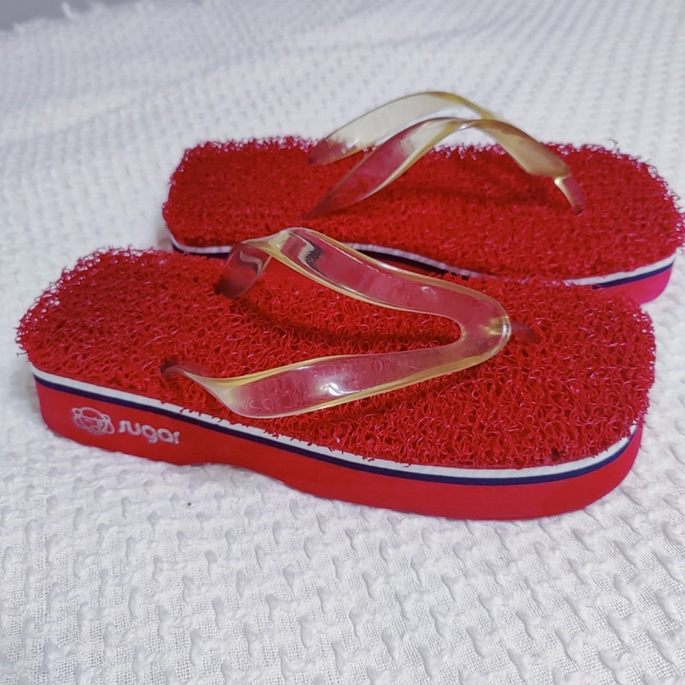 Y2K Sugar Shoes Floaties Mesh Sole Platform Flip Flops Size 9 Red White Swim